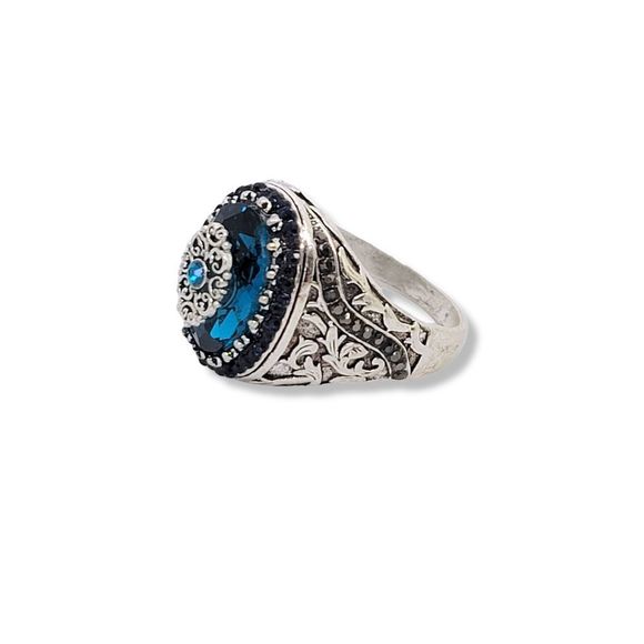 Silver Edwardian Faceted Blue Crystal and Round Hematite Ring Size 10 - Picture 3 of 6